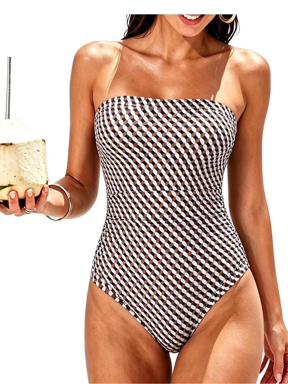 Women’s Black & White Geometric Strapless One-Piece Swimsuit